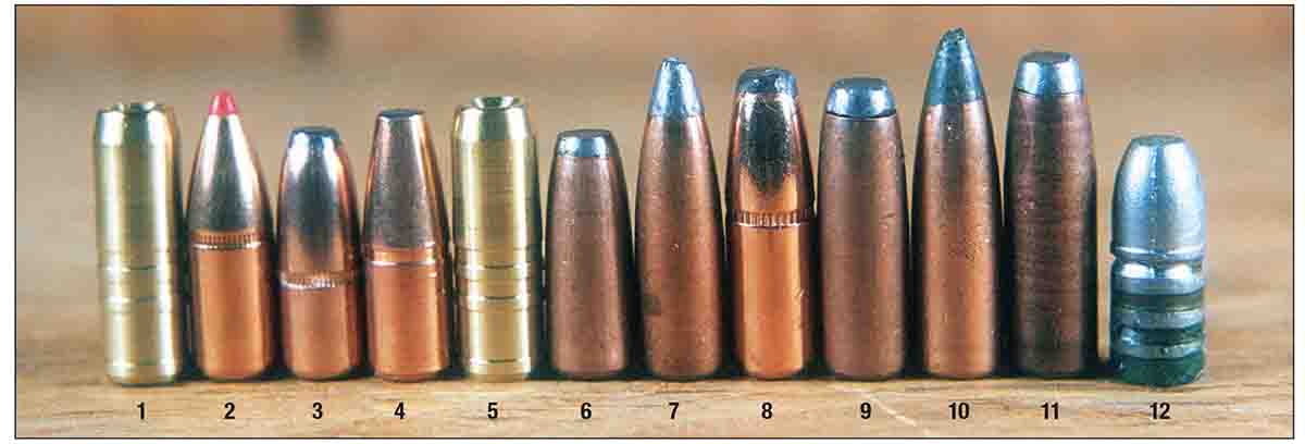 Suitable bullets include the (1) Cutting Edge 175-grain Lever Raptor, (2) Hornady 200 FTX and (3) 200 FP, (4) Swift 200 A-Frame, (5) Cutting Edge 200 Solid, (6) Hawk 200 FP and (7) 230 SP, (8) Barnes Original 250 FP, (9) Hawk 250 FP and (10) SP, (11) Hawk 270 FP and a (12) 200-grain cast bullet from an RCBS mould.
